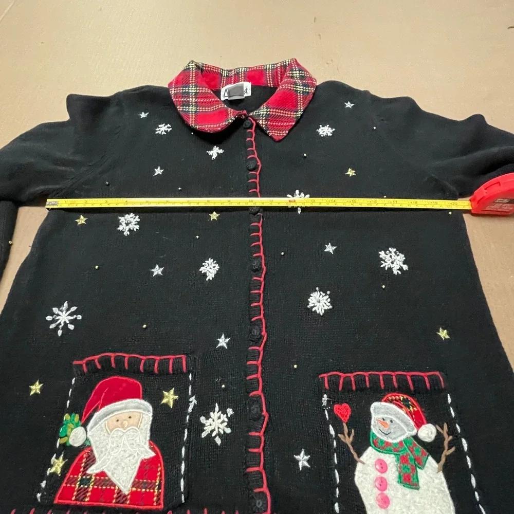 Vintage Ambria Women's Petite Med Cardigan Black Christmas Ugly‎ Sweater Beaded